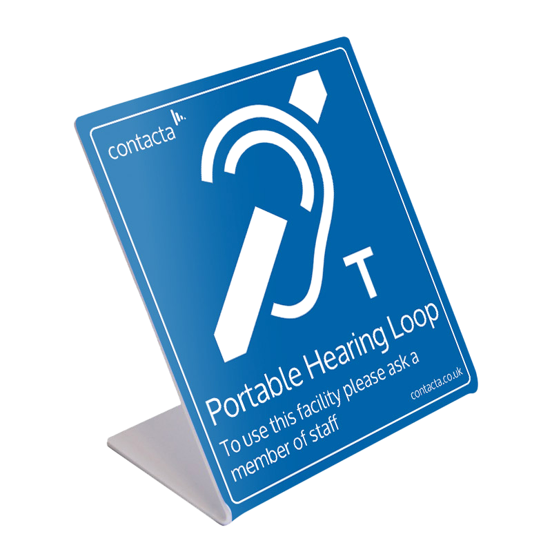 Angled shot of a Blue Stand Up Portable Loop Sign with Hearing Loop Logo in White