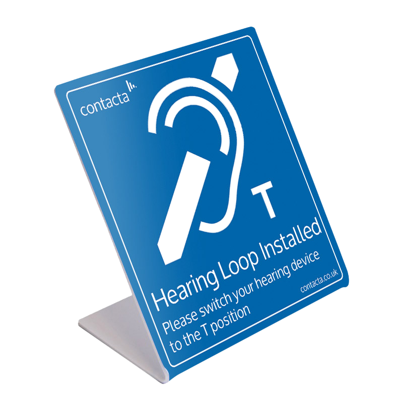 Angled shot of a Blue Stand Up Fixed Loop Sign with Hearing Loop Logo in White