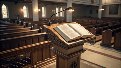 An ornate wooden pulput located in a place of worship with an open book and gooseneck microphone positioned on top
